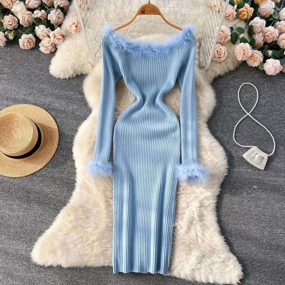 Skash Neck Strecth Solid Sexy Sweater 2026 Women Sleeve Midi Long Autumn Streetwear Knitted Bodycon Dress C260311