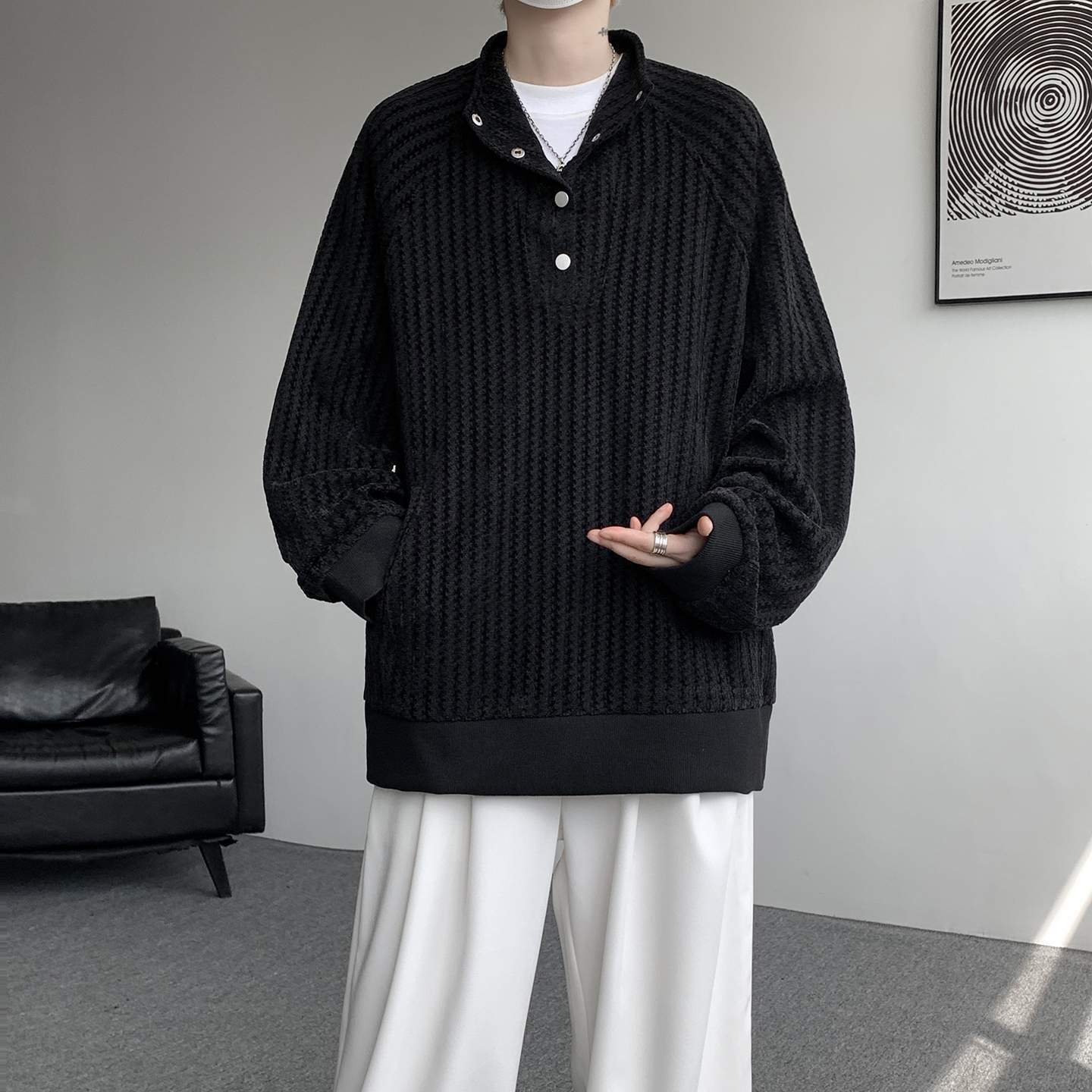 Retro Fishbone Pattern Designer Hoodie Henry Collar Long-sleeve T-shirt For Men Autumn Couple's Jacquard Sweatshirt With Polo Collar