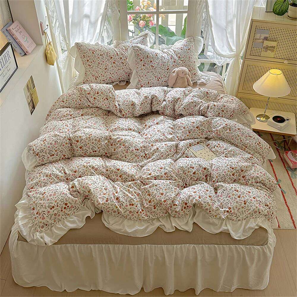 French Style Cute Girl Heart Four Set, Washed Cotton Bed Sheet Hat Student Duvet Cover Three Piece Set H260312