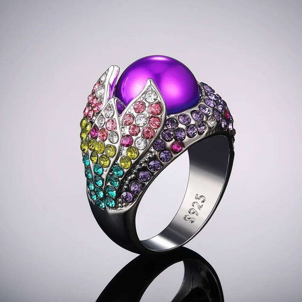 Huitan Gorgeous Colorful Cubic Zircon Violet Imitation Pearl Rings for Women Dance Party Delicate Gift Ring Lady Fashion Jewelry H260312