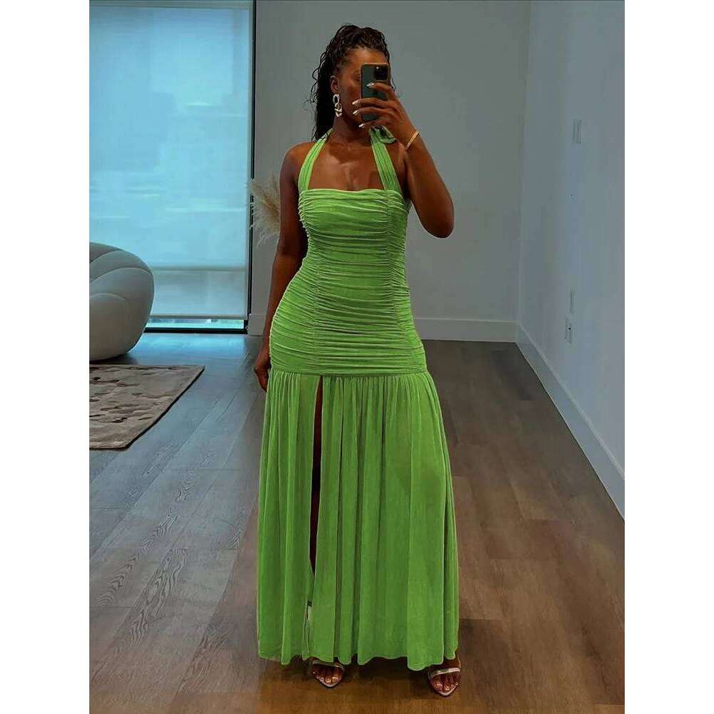 Nibber See Through Hem Dress Women Ruched Halter Summer Trend Sleeveless Backless Patchwork Midnight Clubwear Party Maxi Bodycon C260311
