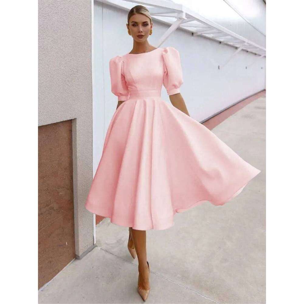 Sexy Backless Midi Dress Woman's Summer Fashion O-neck Short Sleeves Solid Color High Waist Dresses Ladies Elegance Vestidos C260312