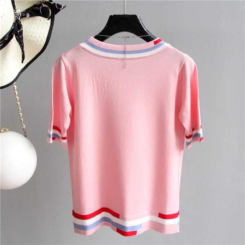 Casual Tees Women Knitting Tops patchwork short sleeve Ladies Shirts Summer sweaters Female Pullovers Pink White LooseT260312