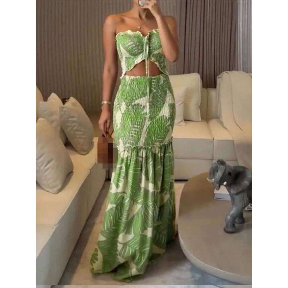 Hanging Neck Printed Pleated Long Sexy Exposed Waist Spring Summer New Casual Lace Up Vacation Bag Hip Dress C260312
