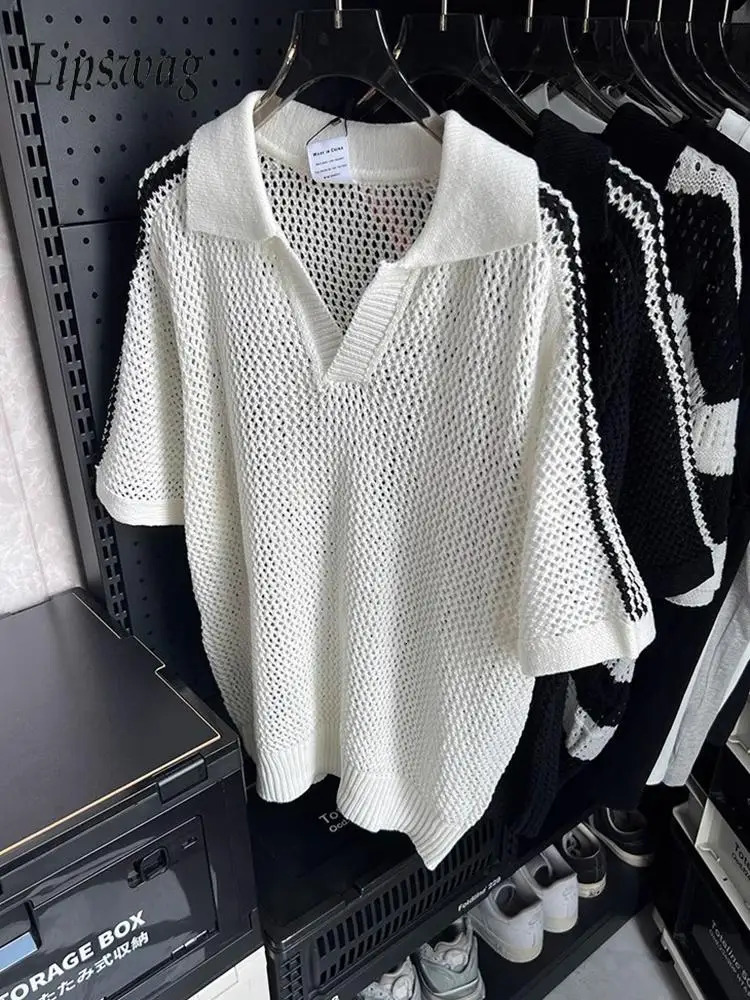 Vintage Hollow Out Knitted Polo Shirt Mens Fashion Striped Short Sleeve Lapel Mesh Tops Men Summer Casual Knitting Jumper 260311