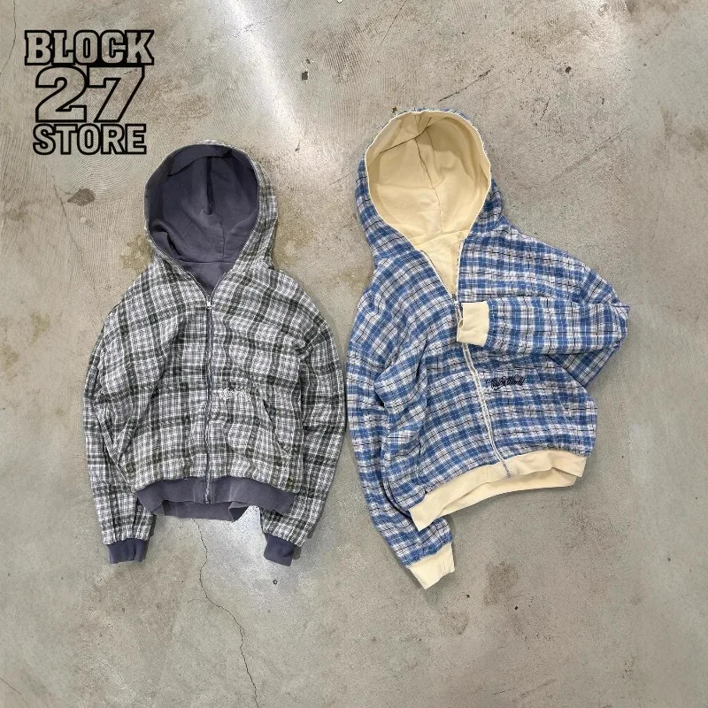 Harajuku Y2K Mens Hoodie Tracksuit Autumn Winter Two-Way Wear Plaid Zip Up Sweatshirt Casual Streetwear Retro Fashion Style 260311