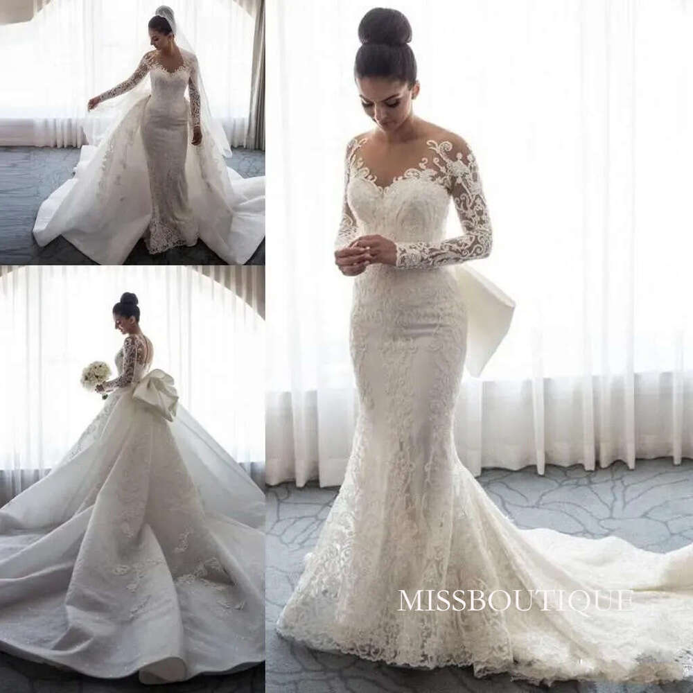 Mermaid Wedding Dresses Sheer Neck Long Sleeves Illusion Full Lace Applique Bow Overskirts Button Back Chapel Train Bridal Gowns B0312