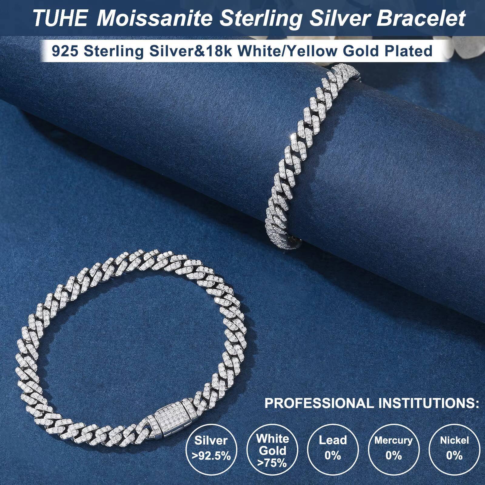 6mm White Gold 925 Sterling Silver VVS Moissanite Diamond Cuban Link Chain Bracelet Iced Out Mossanite Jewelry for Men Women