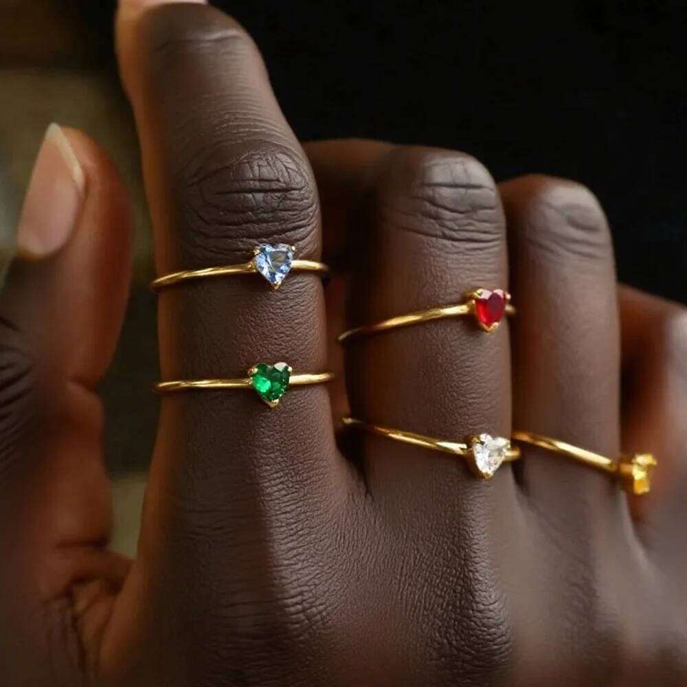 Zircon Rings For Women Gold Color Adjustable Stainless Steel Birthstone Heart Ring Wedding Jewelry Gift BFF H260312