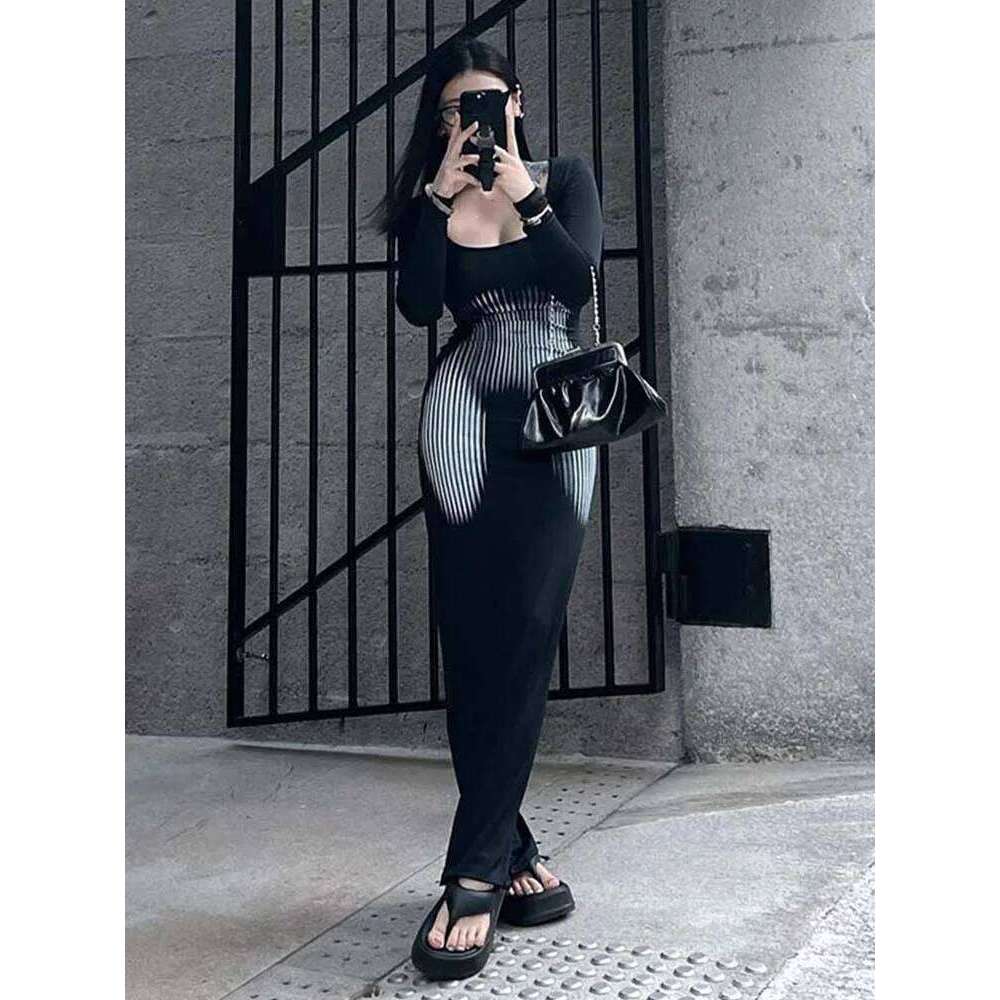 Women's square neck high waisted abstract sexy striped long sleeved dress with casual print and wrapped buttocks fishtail skirt C260312
