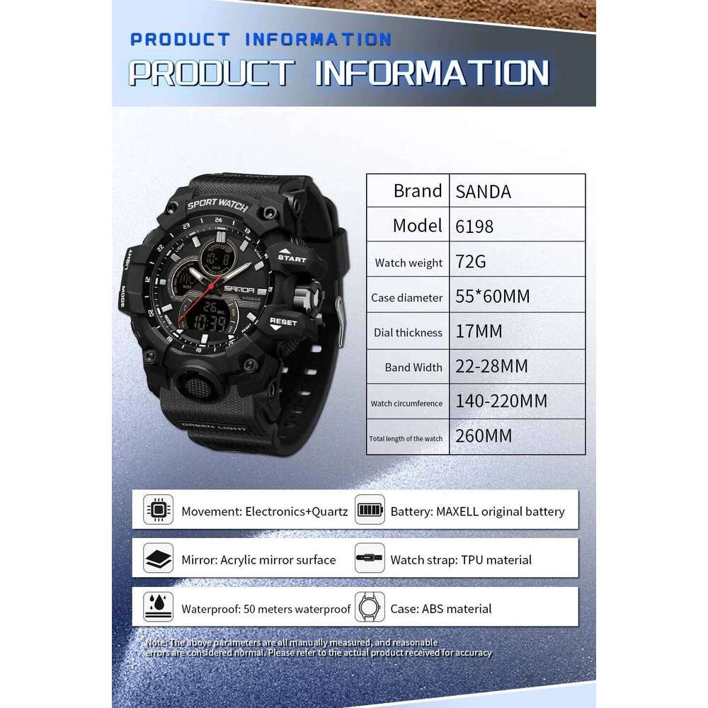 SANDA New 6198 Electronic Fashion Trend Dual Screen Multi functional Outdoor Sports Waterproof Men's Watch