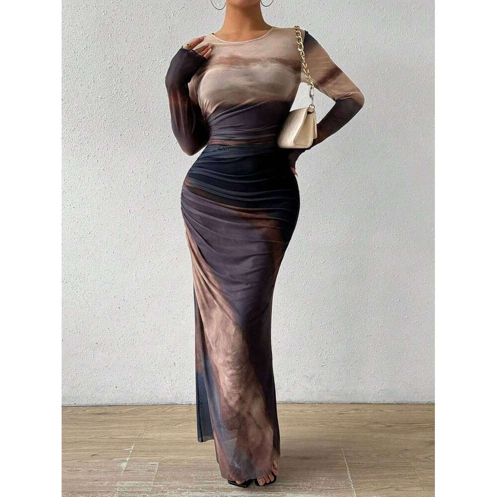 Fashionable Mesh Printed Pleated Sexy Tight Maxi Dress Woman Ruched Bodycon Elegant for Party and Evening C260312