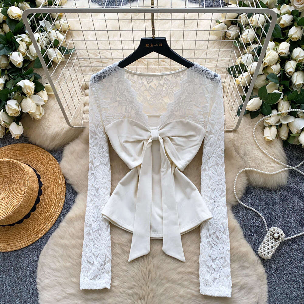 2026 designer women's A14 French V-neck tie lace long sleeved patchwork top for autumn and winter slim fit