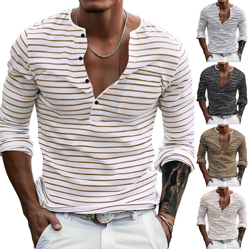 Best-selling Men's Designer Shirt Designer Polo Hoodie Autumn And Winter Long-sleeve T-shirt Loose And Versatile Casual Striped Henley Shirt
