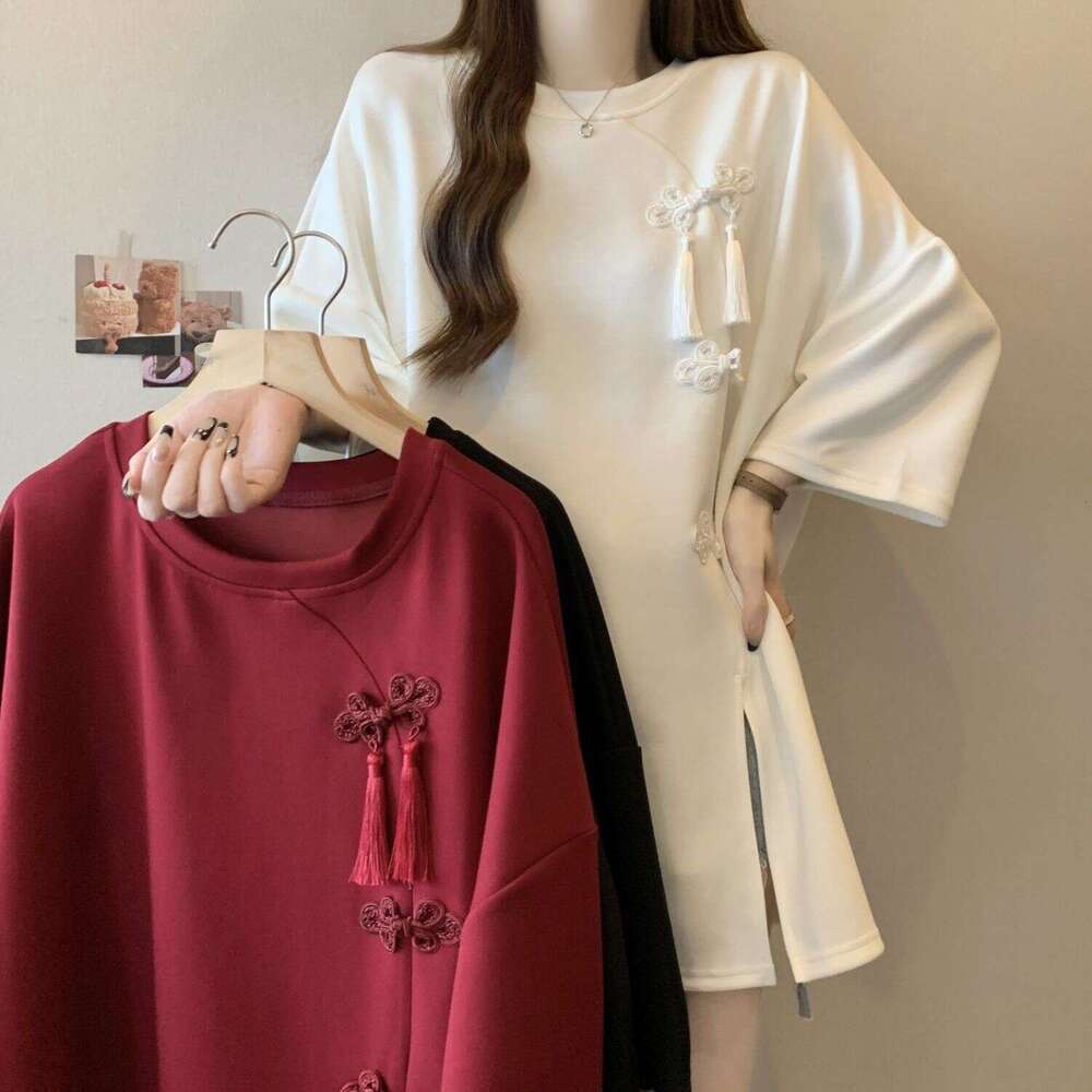 Heavy-Duty Chinese-Style Buttoned Slit Short-Sleeve T-Shirt For Women, 2025 Summer New Style, Loose Fit, Slimming, Extra Large Size 150Kg Top Asia Siz
