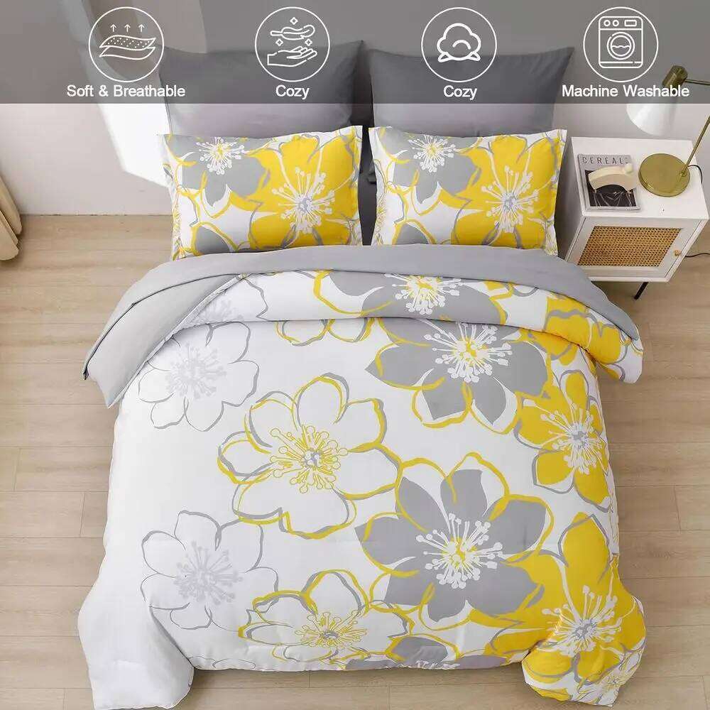 Queen Size Yellow Floral Comforter Set, Reversible in a Bag with All Season Sheets, Soft Microfiber Flower Pattern Duvet Bed