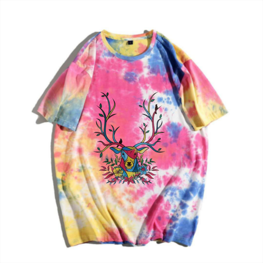 Tie dyed gradual deer head printed T-shirt China-Chic dopamine summer top New Chinese trend Versatile short sleeve Relaxing casual top