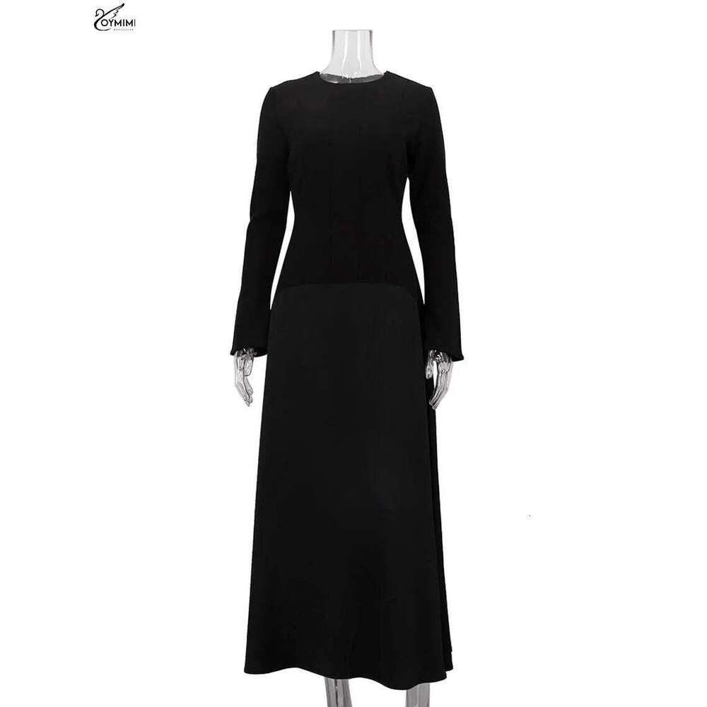 Oymimi Elegant Black O-Neck Womens Fashion Long Sleeve Patchwork Slim Dresses Casual New Straight Ankle-Length Dress C260312