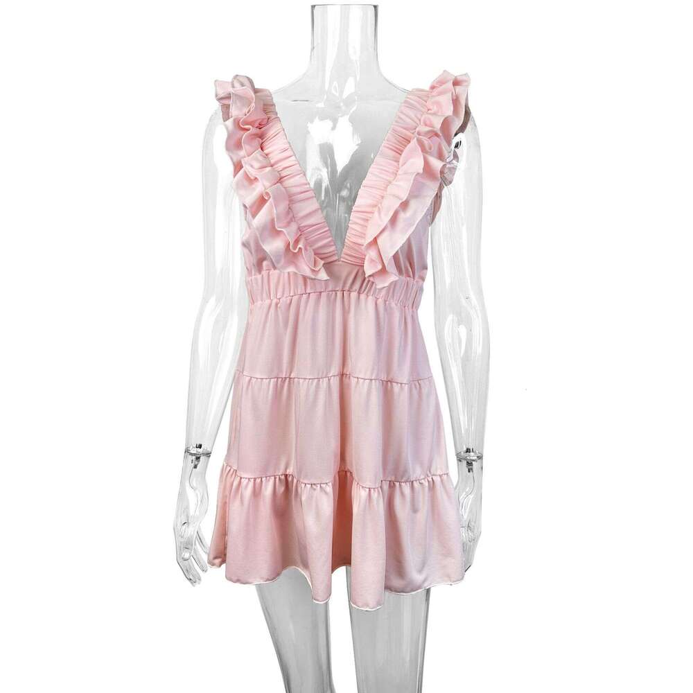 Summer Cross-Border Hot-Selling New European and American Style Slim Sleeveless Deep V-Neck Ruffled Sexy Elegant Dress