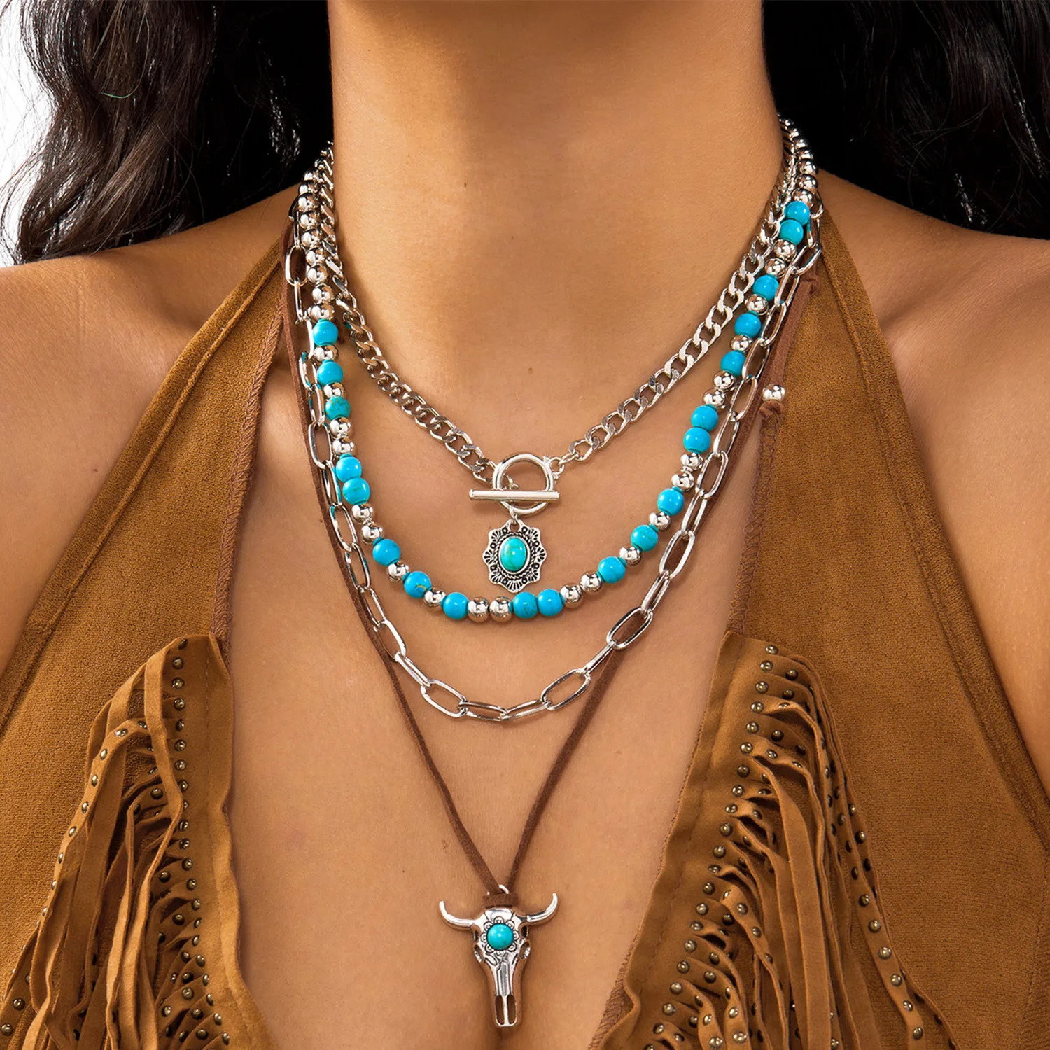 Bohemian Turquoise Beaded Western Cowboy Style Necklace For Women Retro Metal Cactus Cow Head Pendant Choker Fashion Jewelry 260303