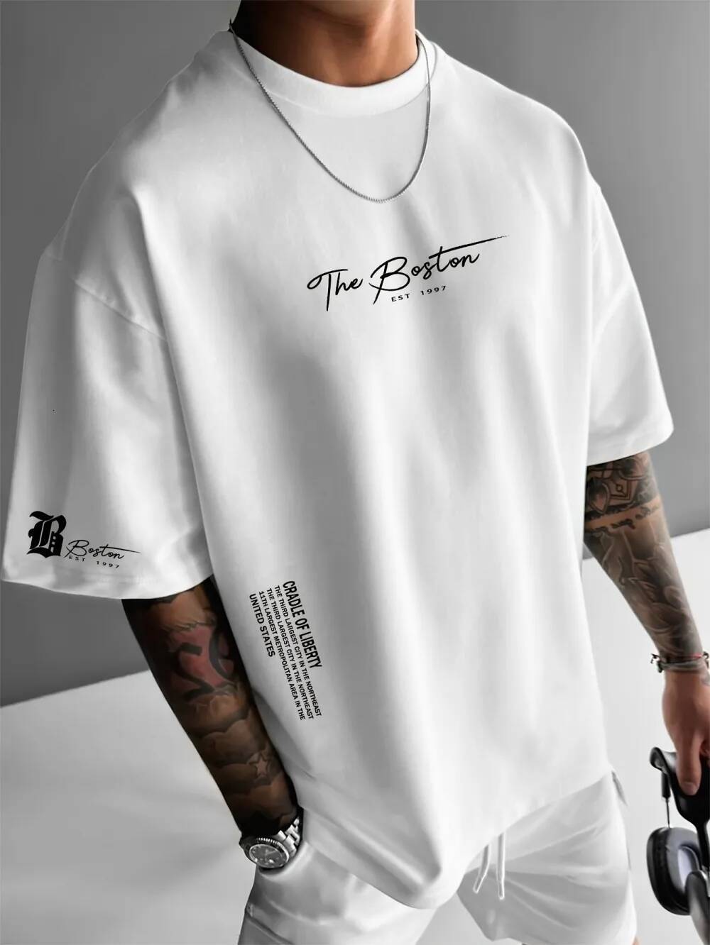 Summer new men's casual loose short sleeved round neck T-shirt Boston 1997 printed pattern outdoor fitness polyester fiber top ddmythur