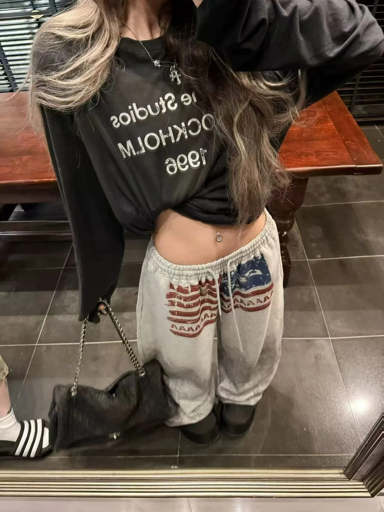 Y2K College American Hip-hop Goth Print Drawstring Wide Leg Sweatpants Loose 90s High Street Sports Trousers Floor Length Pants 260310