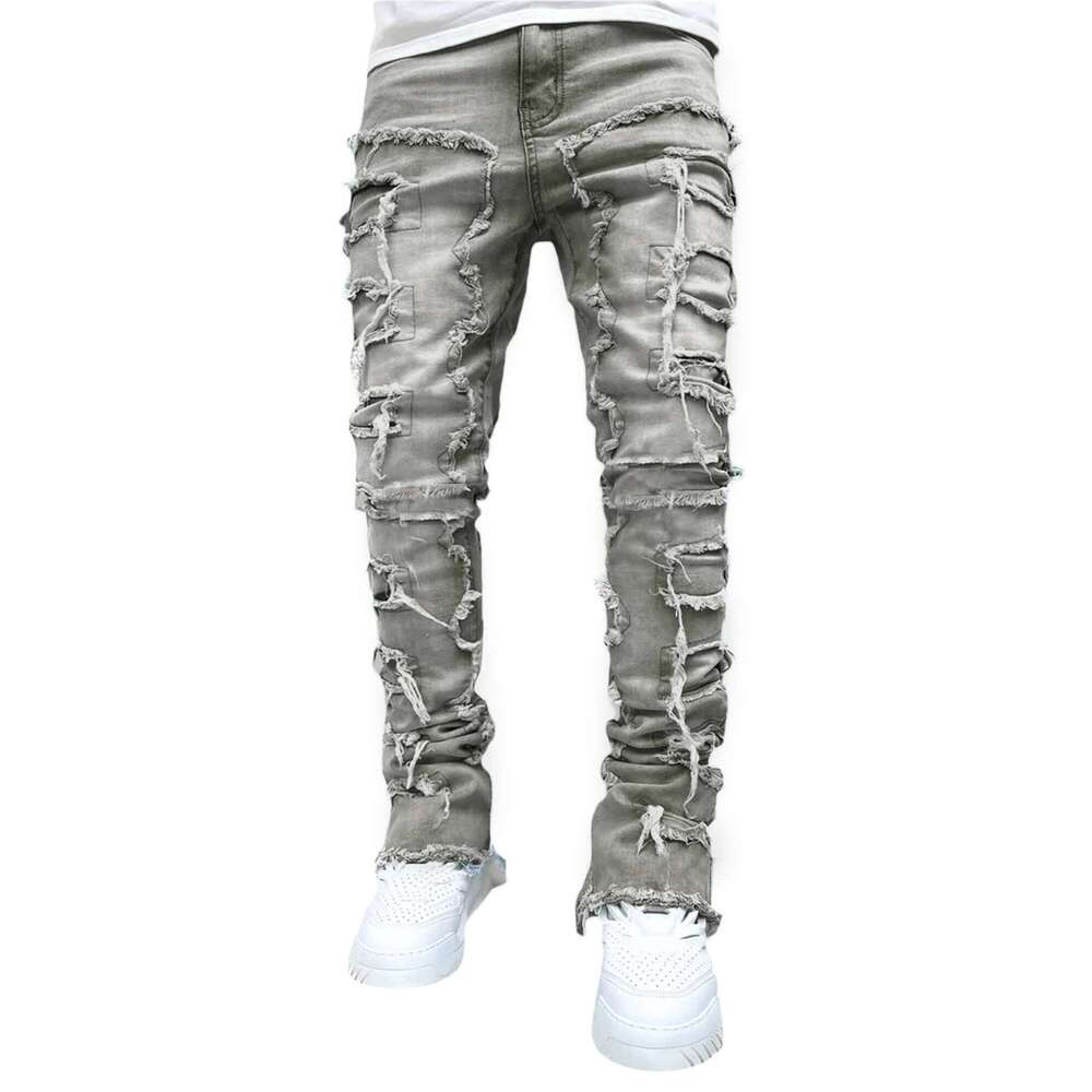 Men Skinny Vintage Patch Frayed Denim Pants Spring Fall Casual Leggings Trousers with Pockets 26Y0312