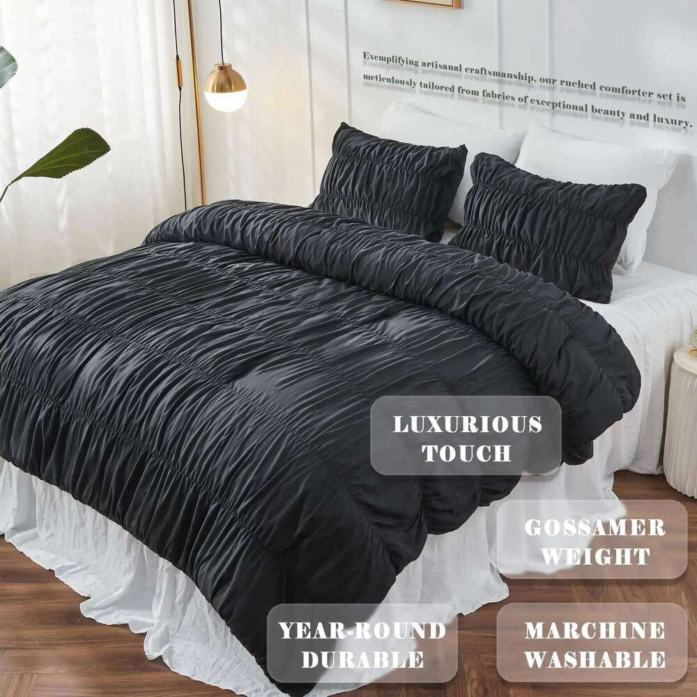 Ruched Black Duvet Soft and Twin Queen King Comforter Cover Boho Shabby Chic Bedding - Fluffy 2/3 Piece Set H260312