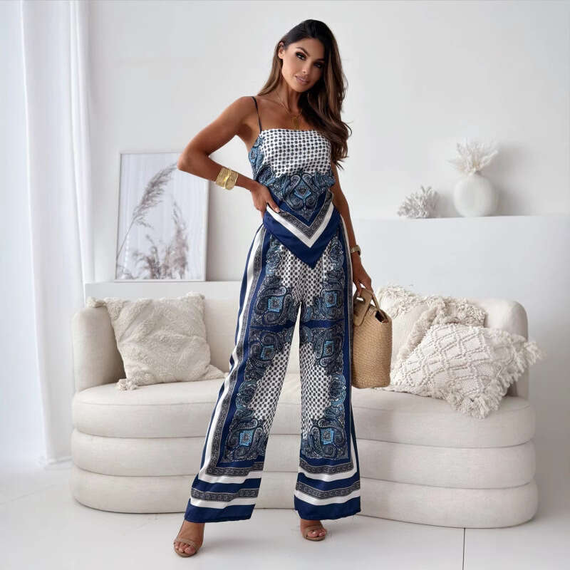 Trade European And American Women S Clothing Fashion Printed Sexy Strapless Tube Top Positioning Flower Long Pants Set
