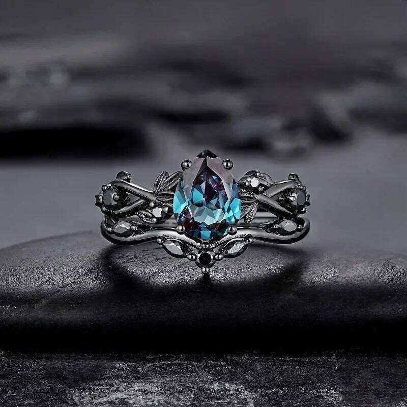 European and American fashion gun black inlaid sea blue zircon women's ring H260312