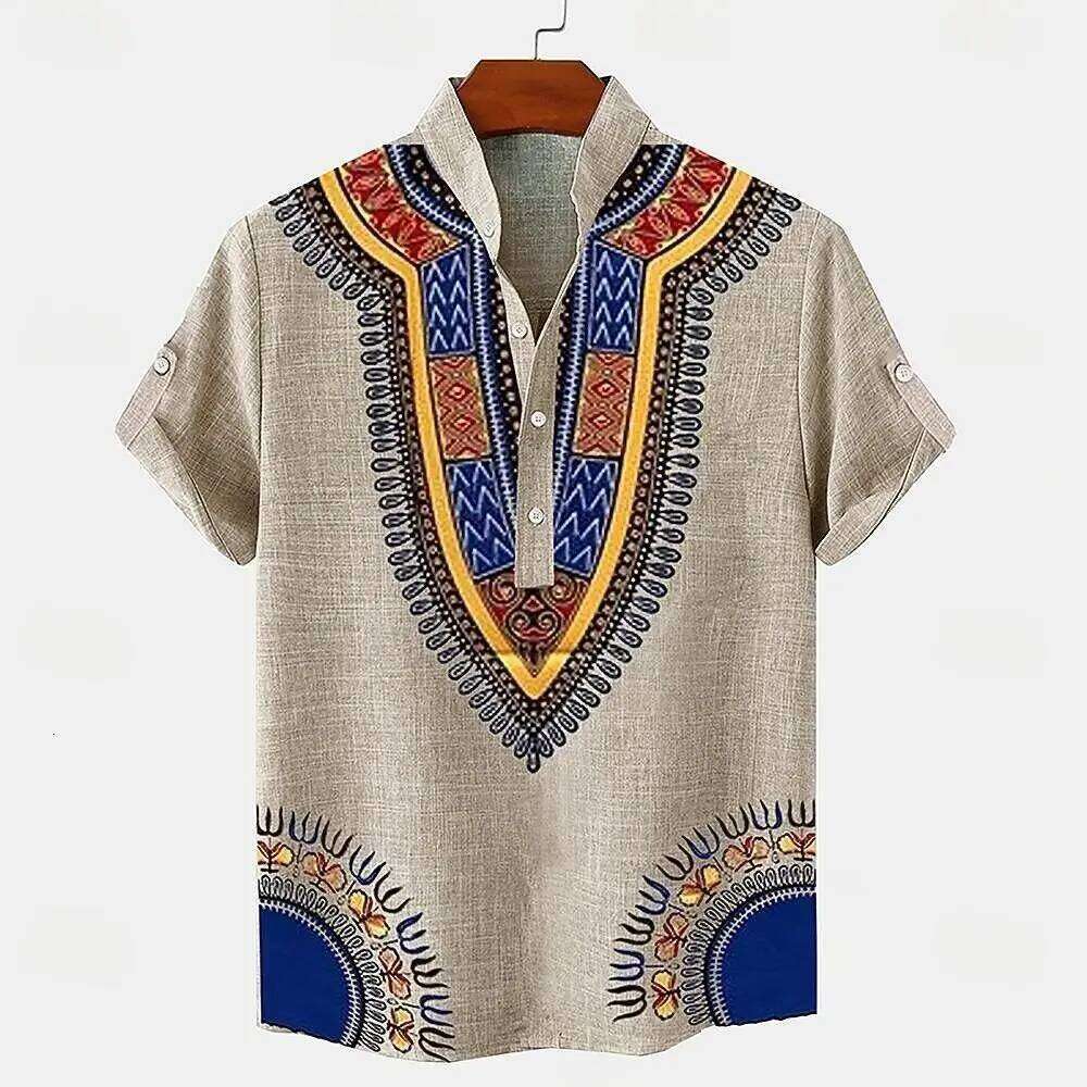 New retro men's linen short sleeved shirt with digital printing, fashionable trend, street outdoor, casual and comfortable