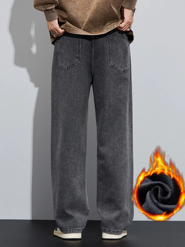 Winter Fleece Jeans Mens Loose Wide Leg Gray Classic Denim Pants Warm Fashion Streetwear Korean Straight Casual Plush Trousers 260228