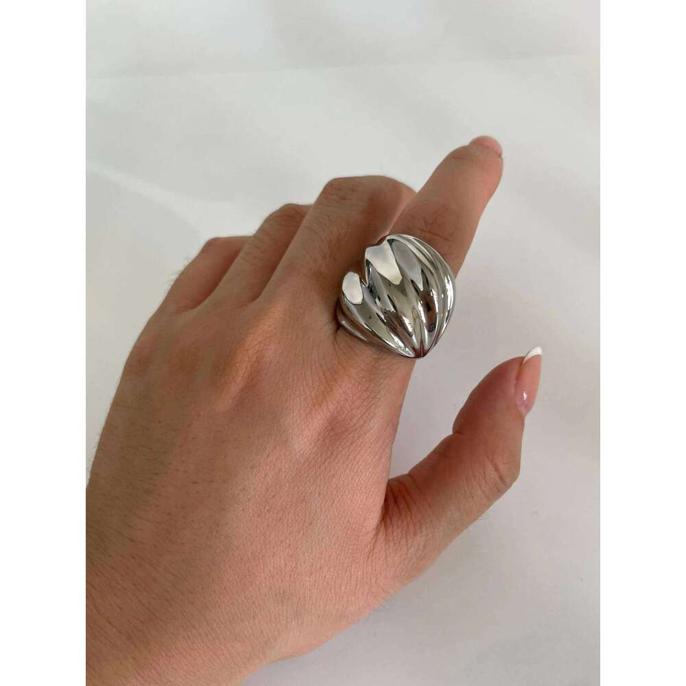 GHIDBK Hip-Hop Punk Stainless Steel Thread Wave Chunky Dome Wide Rings for Women Men Anti-Tarnish Statement Jewelry 2024 New H260312