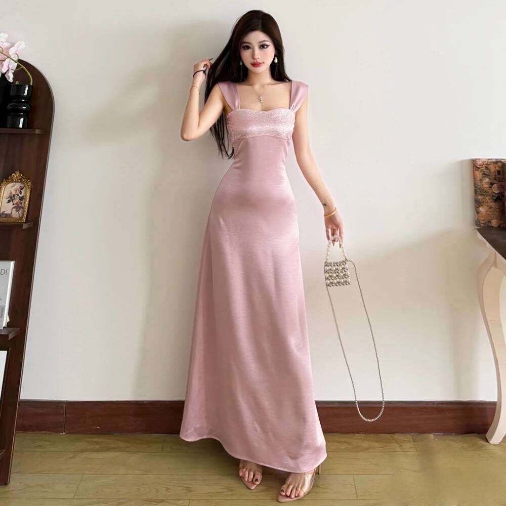 SylCue Rhinestone Decoration Dress Woman U Collar Backless Sleeveless High Waist Robe Valentine's Day Elegant Style Long Bodycon C260312