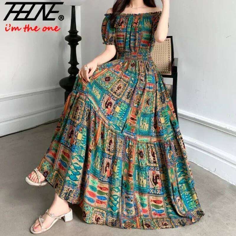 THHONE Vestidos Robe Maxi Long Dress Women Summer Indian Clothes Bohemian Cotton Linen Floral Short Sleeve Korean Style Casual C260311