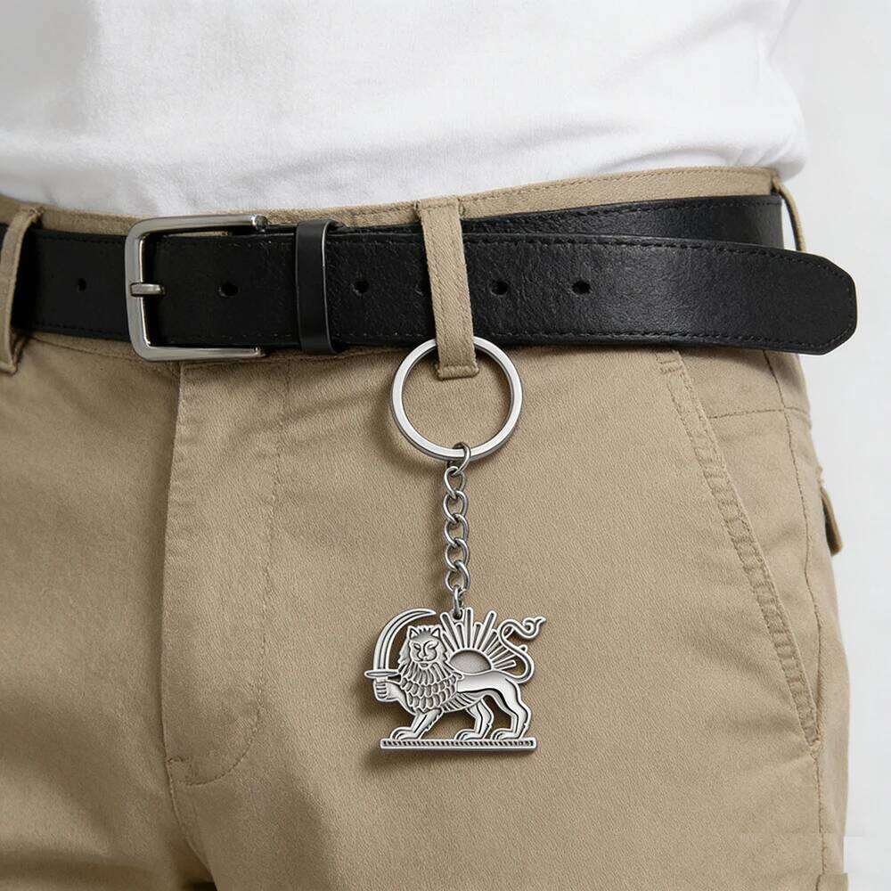 Skyrim Iran Persian Lion Sun Keychain Stainless Steel Gold Color Keyring Key Chains Bag Accessories Gift for Women Men