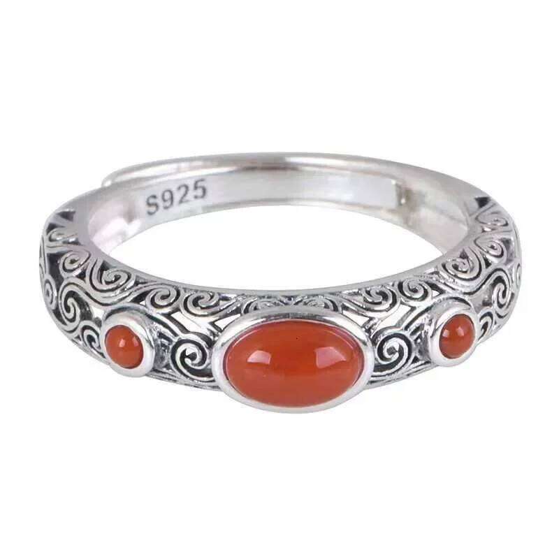 Vintage Ethnic Creative Hollow Imitation Red Agate Adjustable Ring for Women Exquisite Personalized Party Jewelry Accessories H260312