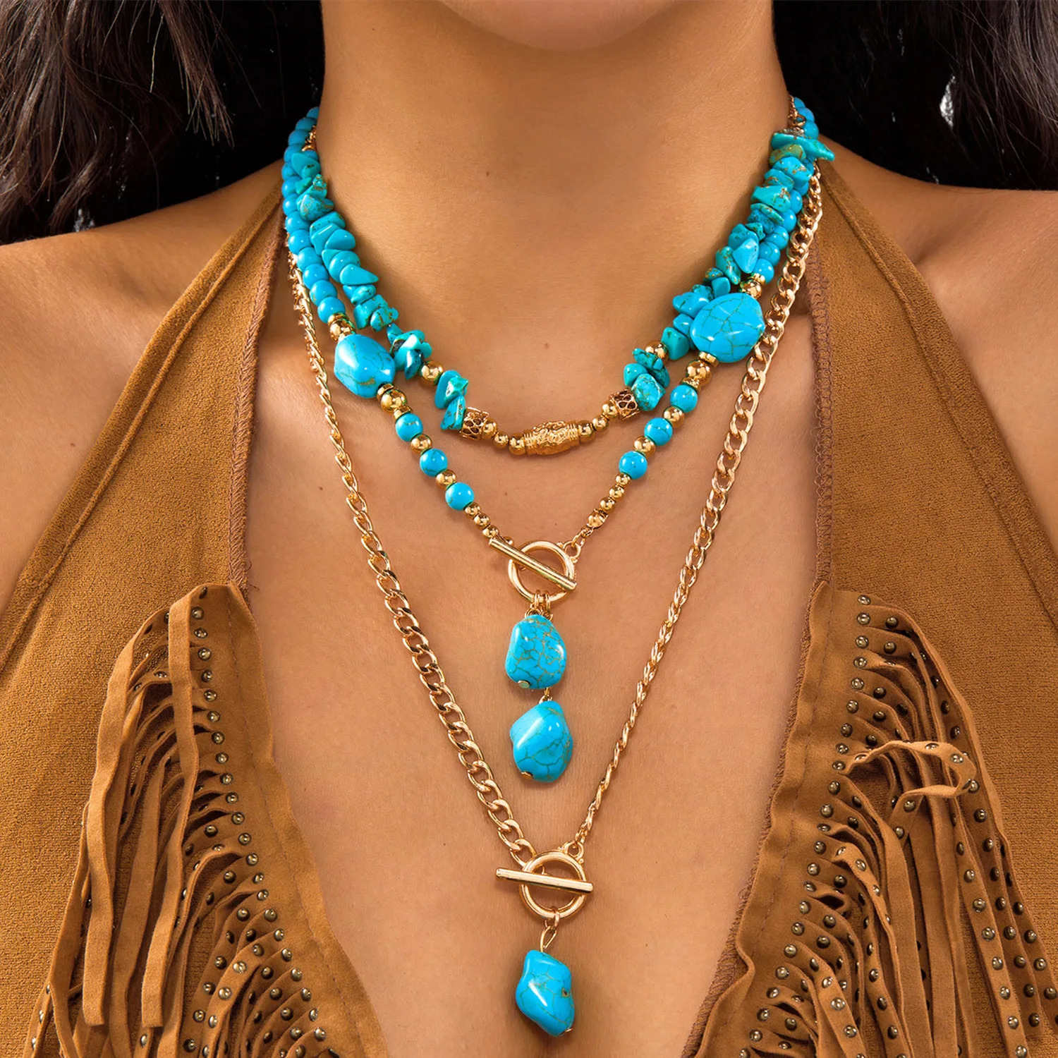 Bohemian Turquoise Beaded Western Cowboy Style Necklace For Women Retro Metal Cactus Cow Head Pendant Choker Fashion Jewelry 260303