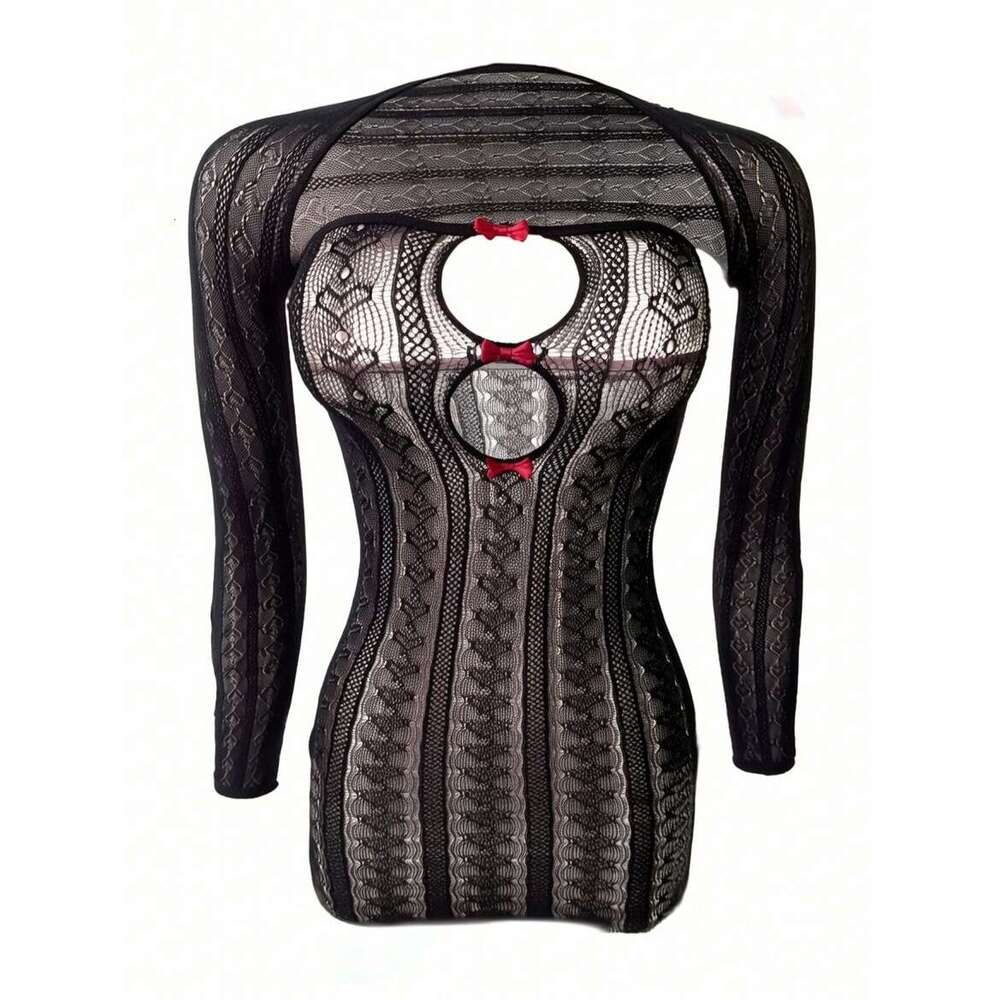 Women Pink Knitted Bodycon Dress with Detachable Sleeves Sexy Cut-Out Design with Red Bows for Party, Cosplay, or Romantic Wear