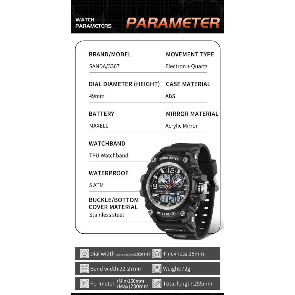 SANDA New 3367 Fashionable Electronic Sports Multifunctional Waterproof LED Dual Display Student Watch Alarm Clock