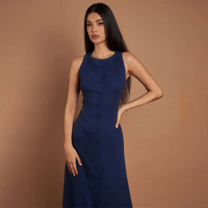 2025 Spring European and American Cross-Border Trade New Solid Color Sleeveless Round Neck Multi-Button Tie Casual Dress