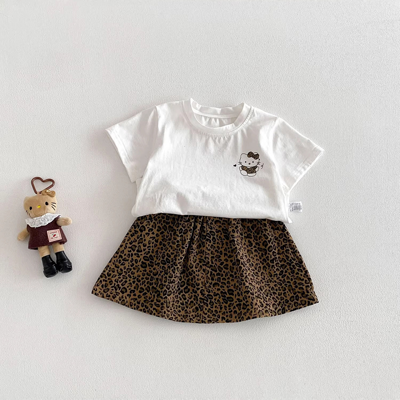 Summer Baby Girls' Clothing Set New Short Sleeve Top for Preschoolers+Leopard Pattern Skirt Two Piece Set