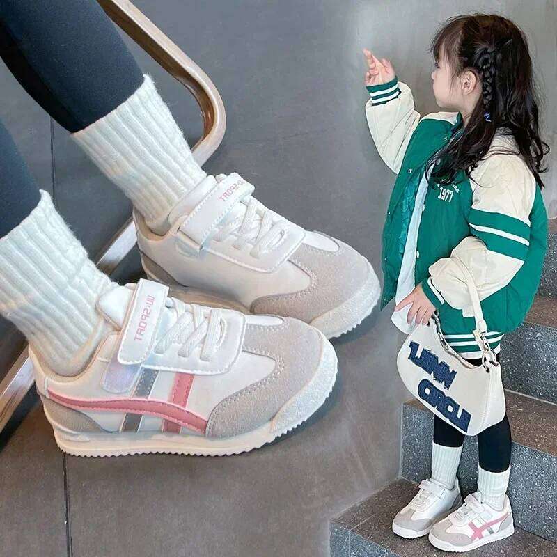 Children Sports Color Block Sewing Thread Hook Loop Round Toe Soft Soled Thick Flat Shoes Breathable Comfortable Non Slip H260312