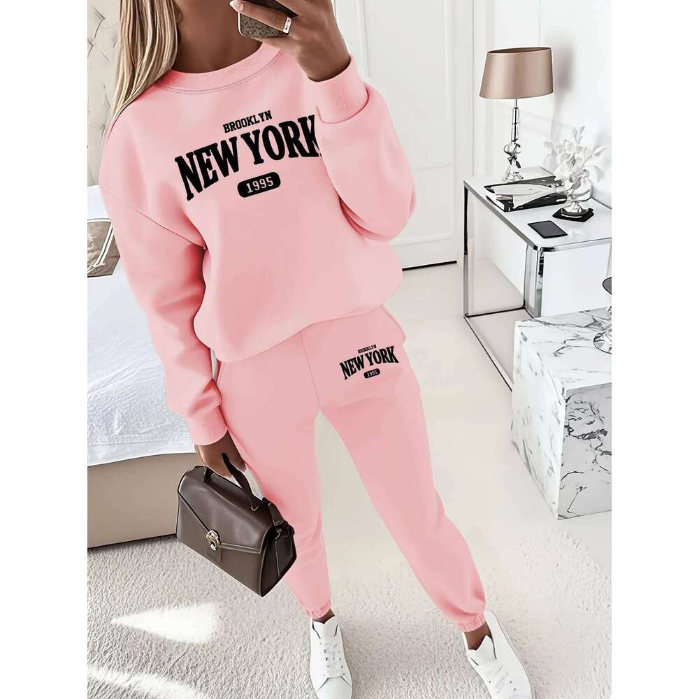 New York Print Two piece Set Kangaroo Women's Casual Fashion Round Neck Solid Color Long Sleeves Sweatshirt, C260312