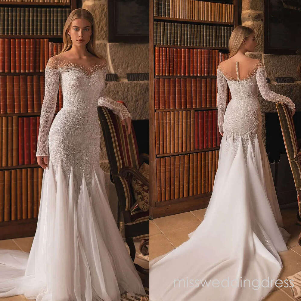 Elegant Mermaid Wedding Dresses Pearls Sequins Bride Gown Bridal Dress Long Sleeves Beading Sweep Train Custom Made Vestidos De Novia