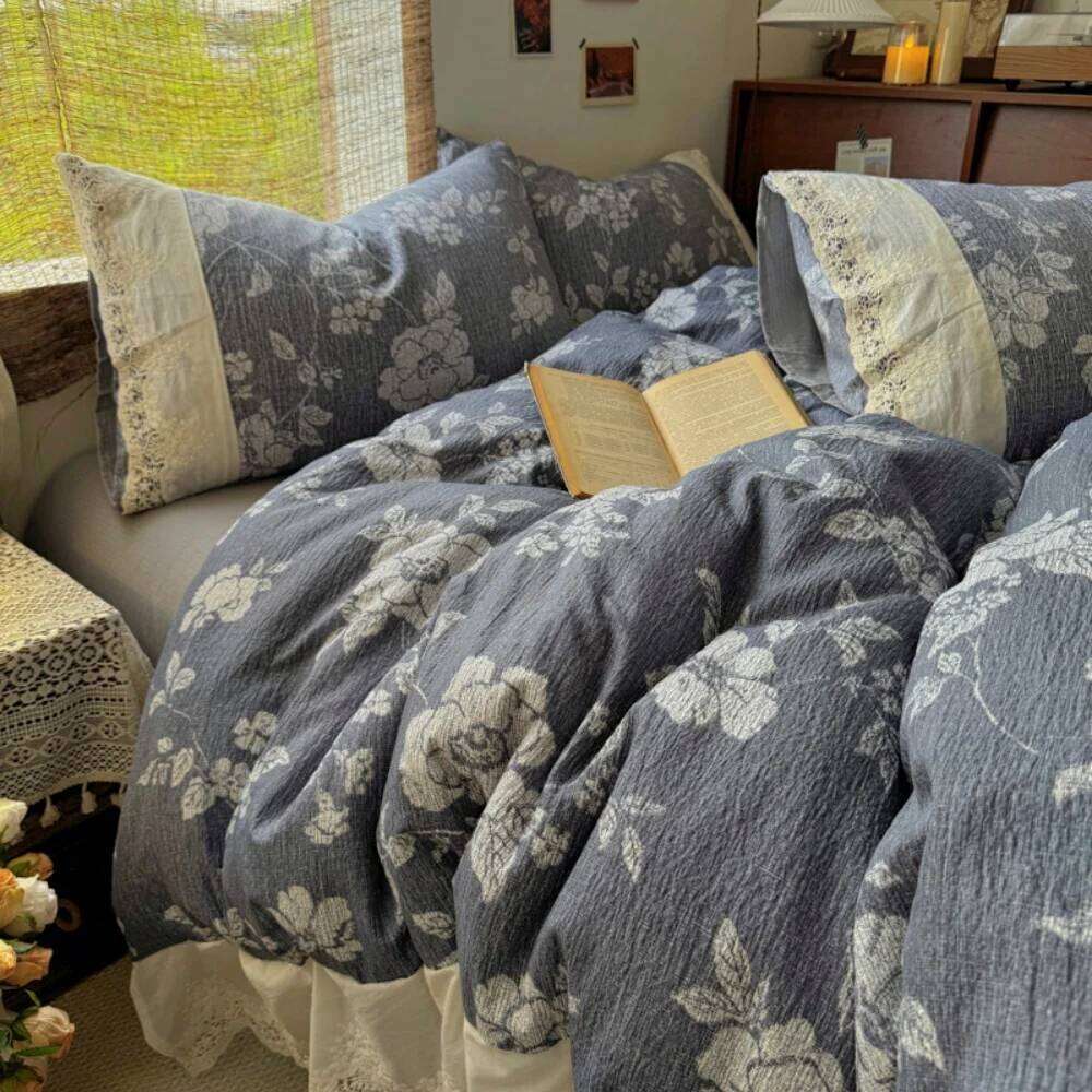 French Retro Printed Ruffled Four-Piece Comfortable Bedroom Decor Bedding Set Duvet Cover Bed Sheet Pillowcase Home Textiles H260312