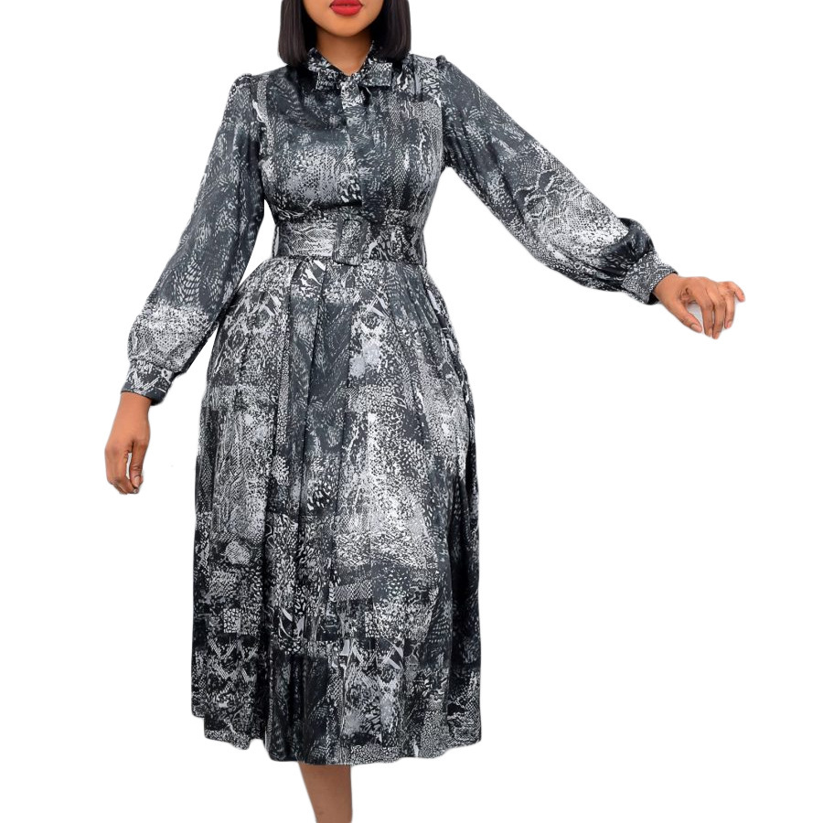 D238 Free Belt 2022 Spring New Long Sleeve High Waist Printed Plus Size Party Dress