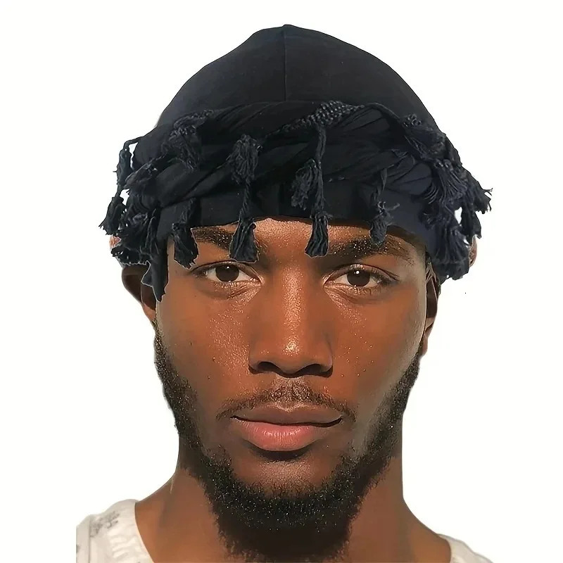 Men Hat Punk Burr Trim Twisted Tail Fringe Cotton Bandana Hat Hop Turban Hats Head Wrap Beanie Cap Solid Color Docker Hat 2024 260304