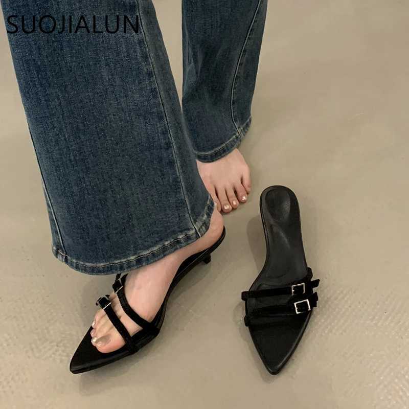 SUOJIALUN 2025 Summer New Women Slipper Fashion Narrow Band Ladies Elegant Slides Thin Low Heel Outdoor Dress Sandal Pumps Shoes K260312