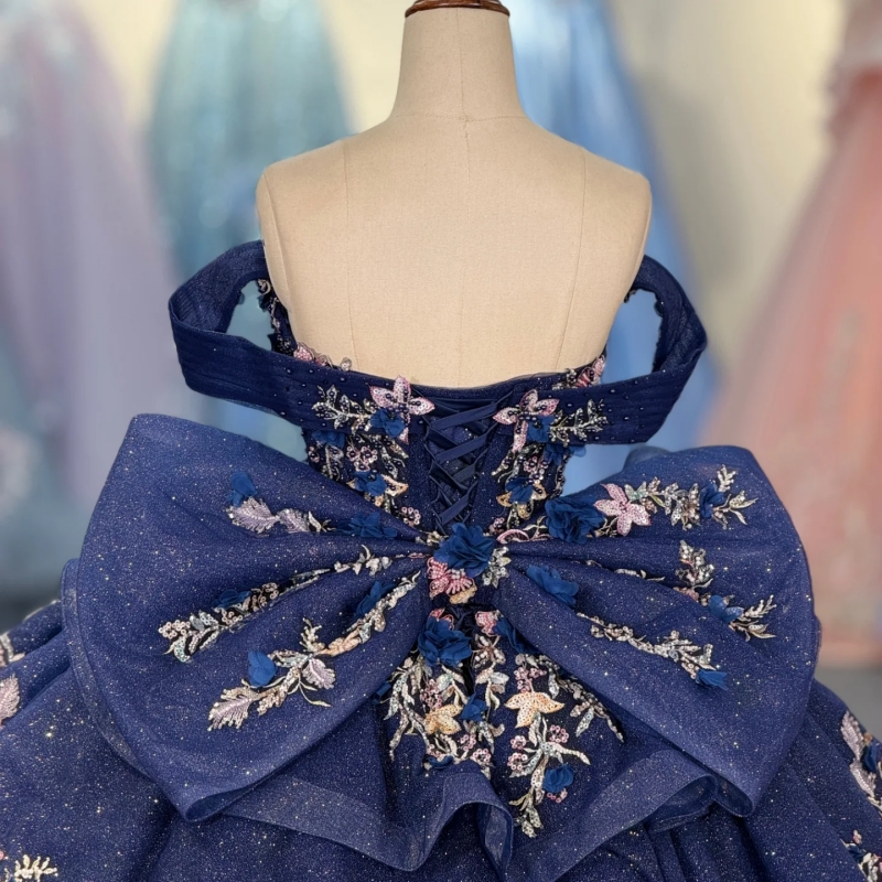 Navy Blue Shiny Ball Gown Quinceanera Dresses 2026 Applique Flower Beading Crystal Bow Tull Corset Off Shoulder Sweet 16 Dress Vestidos De 15 Anos
